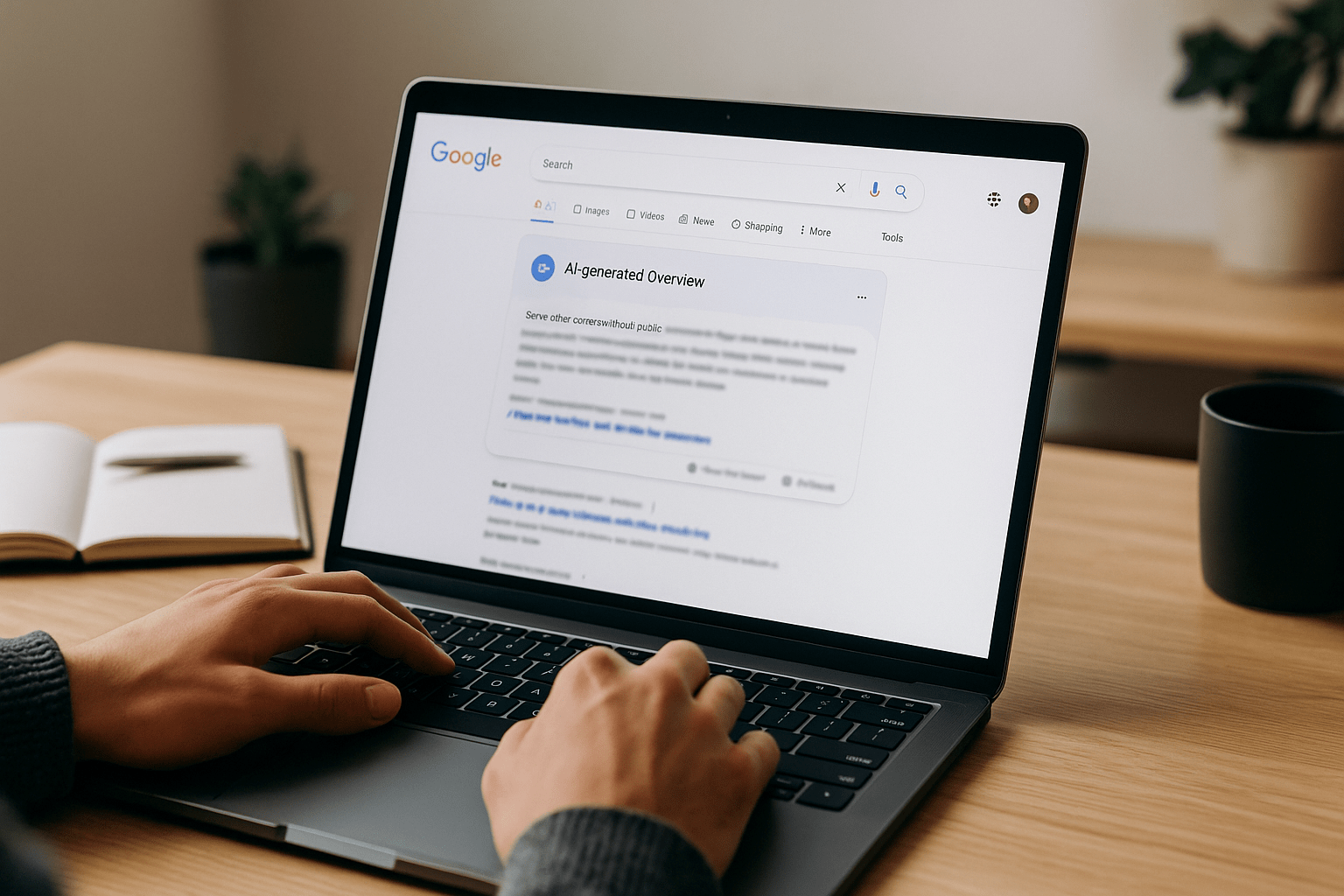 Laptop screen showing Google search results with an AI-generated overview in a workspace setting.