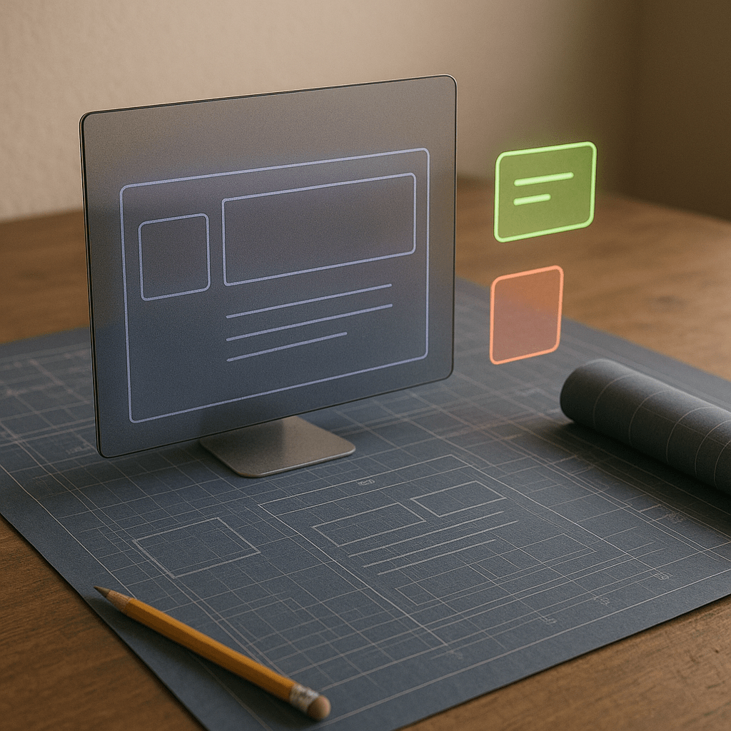 A realistic workspace setup showing a website wireframe on a screen with design blueprints and creative tools — representing the SEO rebuild process.