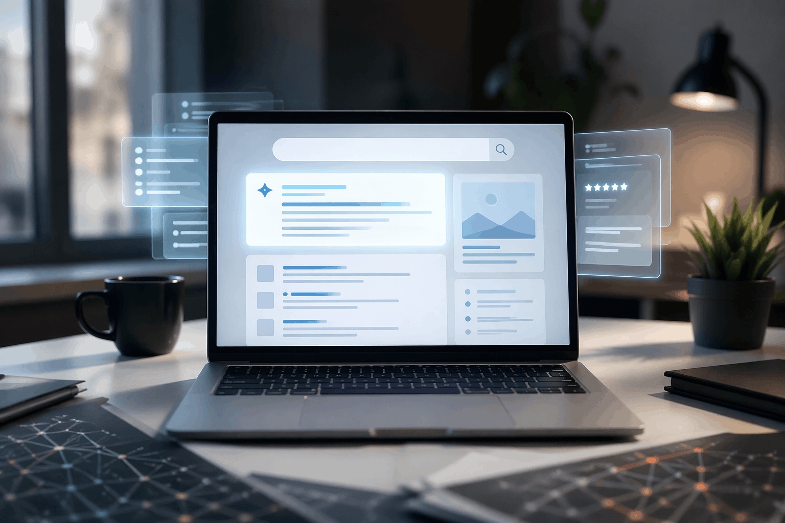 A modern laptop displaying structured AI-generated search results contrasted with messy backlink data representing traditional SEO