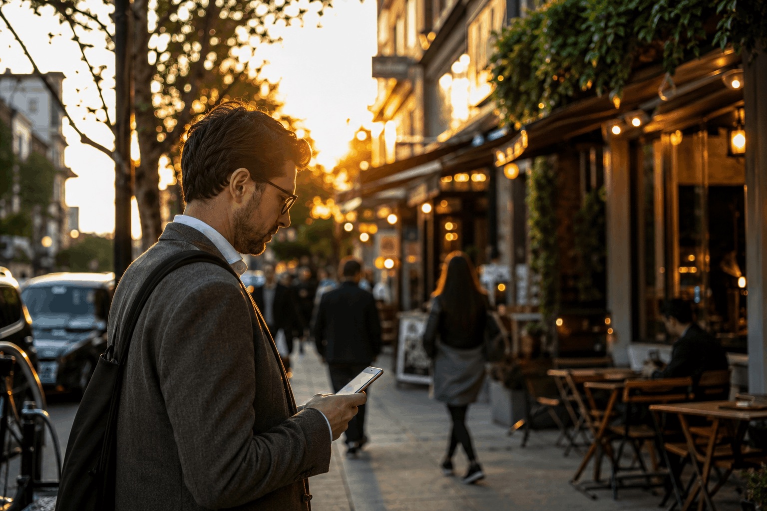 Person using a smartphone to discover local businesses on a modern city street, representing AI-powered local search and digital business discovery.