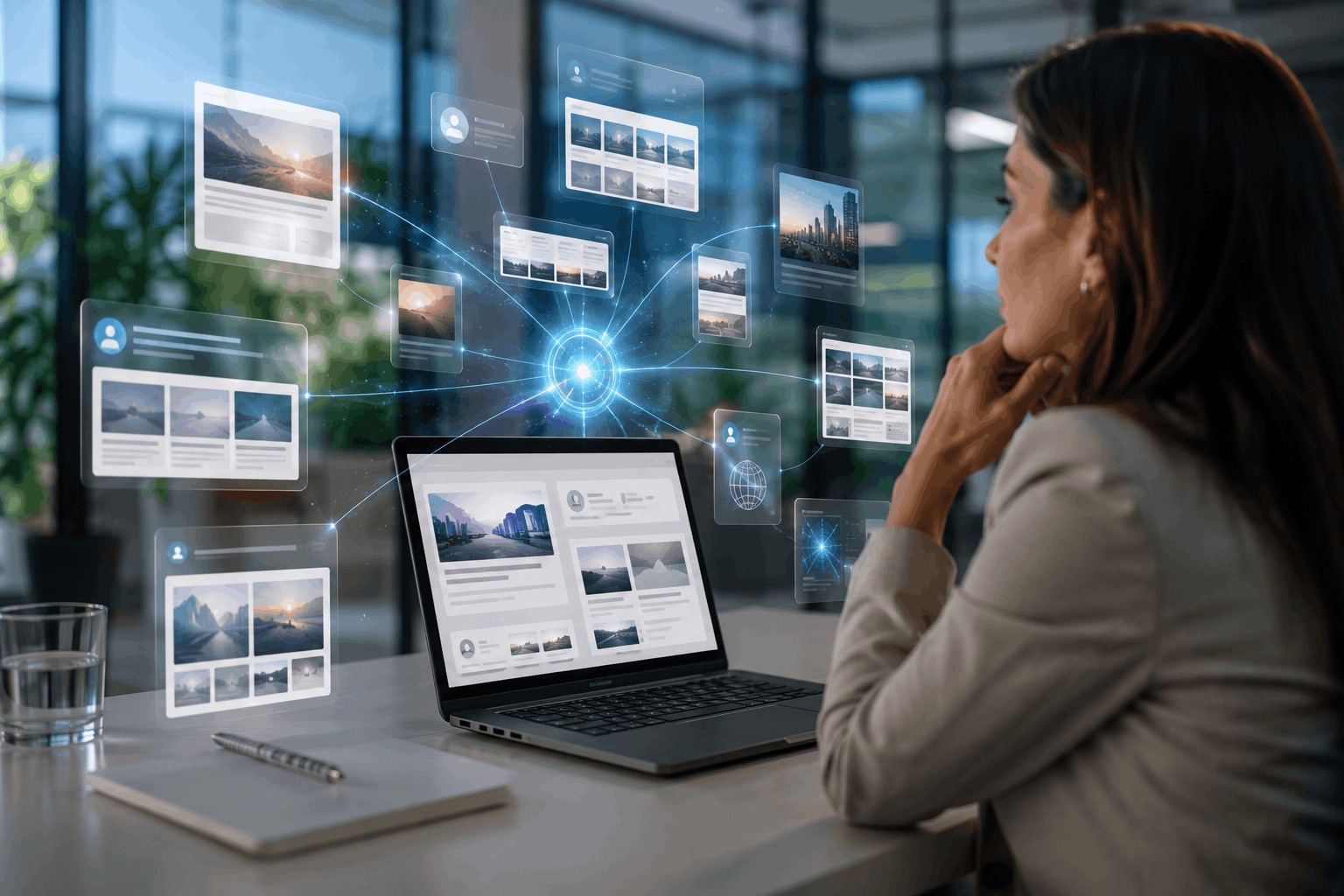 Marketing strategist reviewing a digital PR campaign with connected media coverage, AI citation, and search visibility elements in a modern office environment.