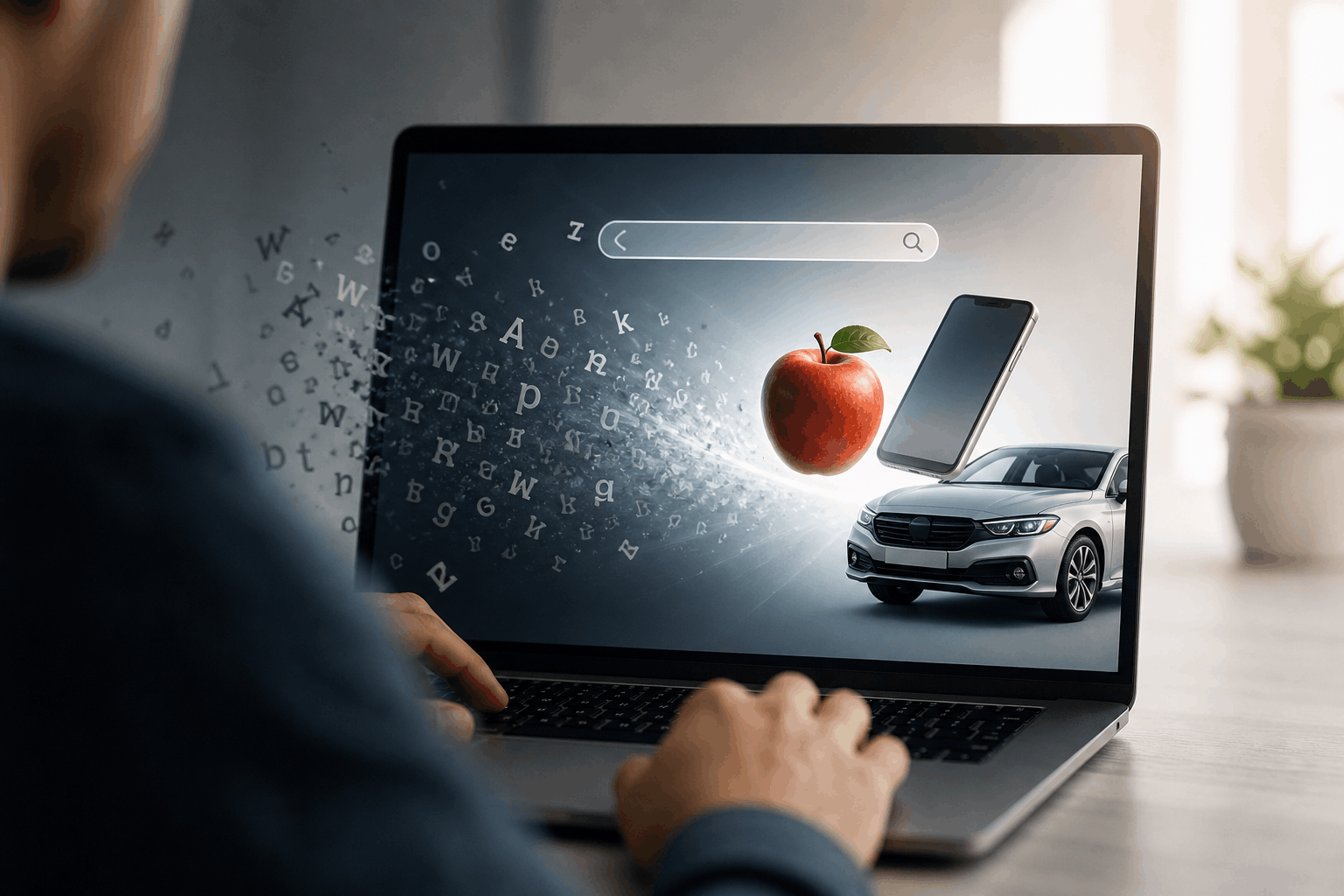 A person using a laptop with scattered floating letters on one side and real objects like a phone, car, and apple emerging from the screen, representing keyword vs search intent in SEO