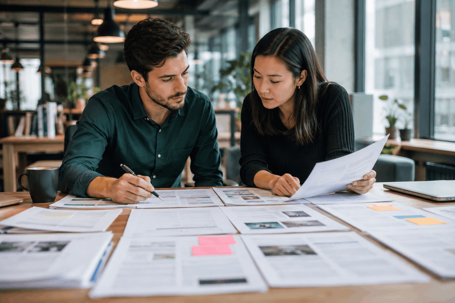 SEO content strategist and content manager reviewing website content assets, content audits, and editorial planning to evaluate updating existing content versus creating new content.