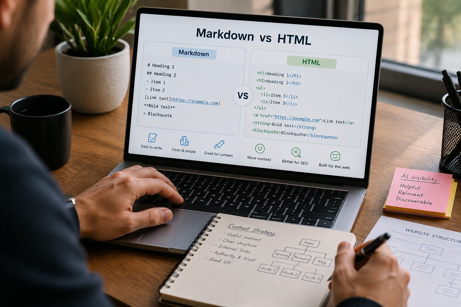 Professional workspace showing a Markdown vs HTML comparison alongside website structure planning, illustrating how content organization, crawlability, and information architecture support SEO and AI search visibility.