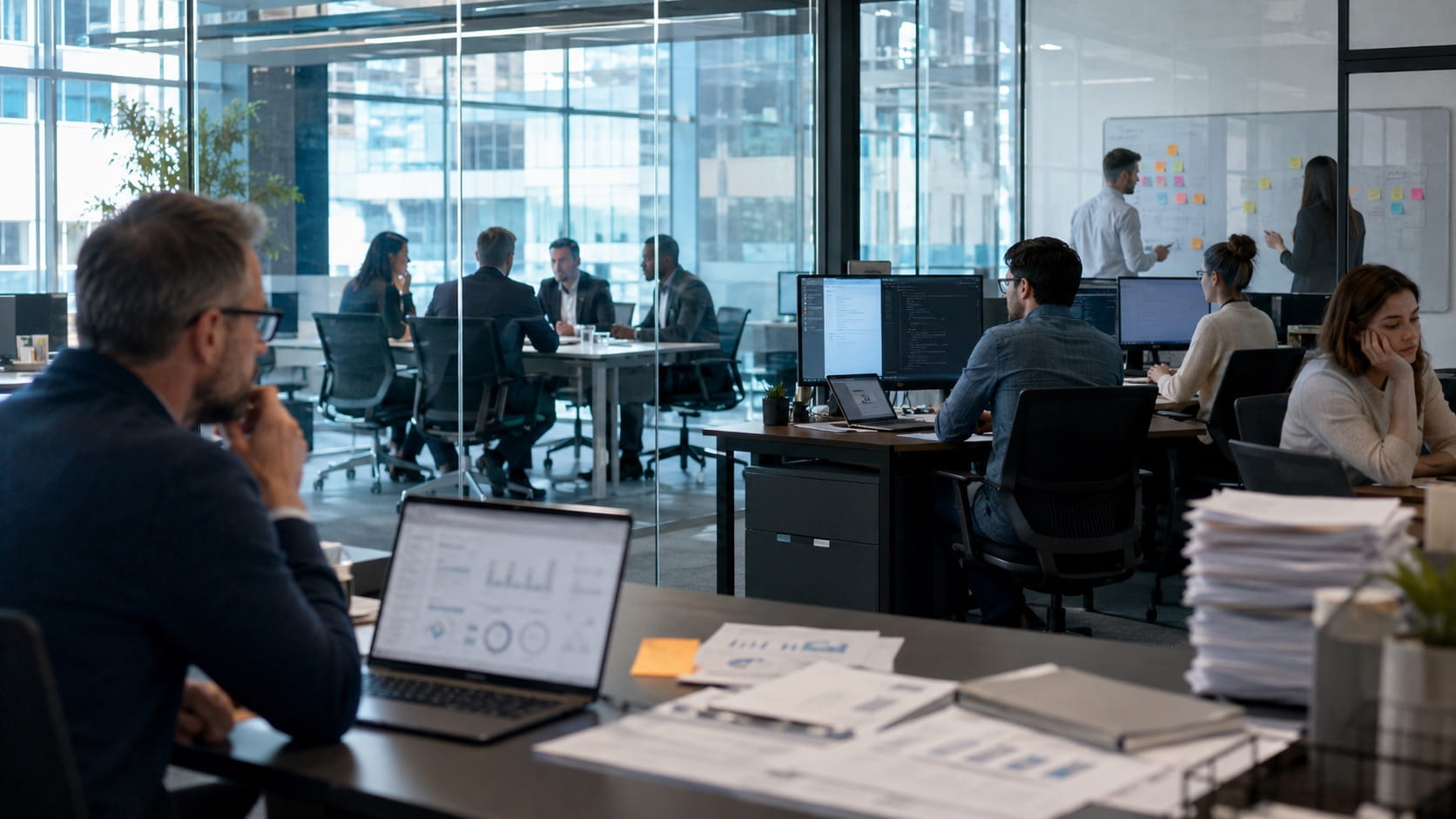 Senior SEO strategist reviewing organic search performance while executives, product teams, engineers, and content managers work separately in a modern corporate office, illustrating how organizational silos impact SEO results.