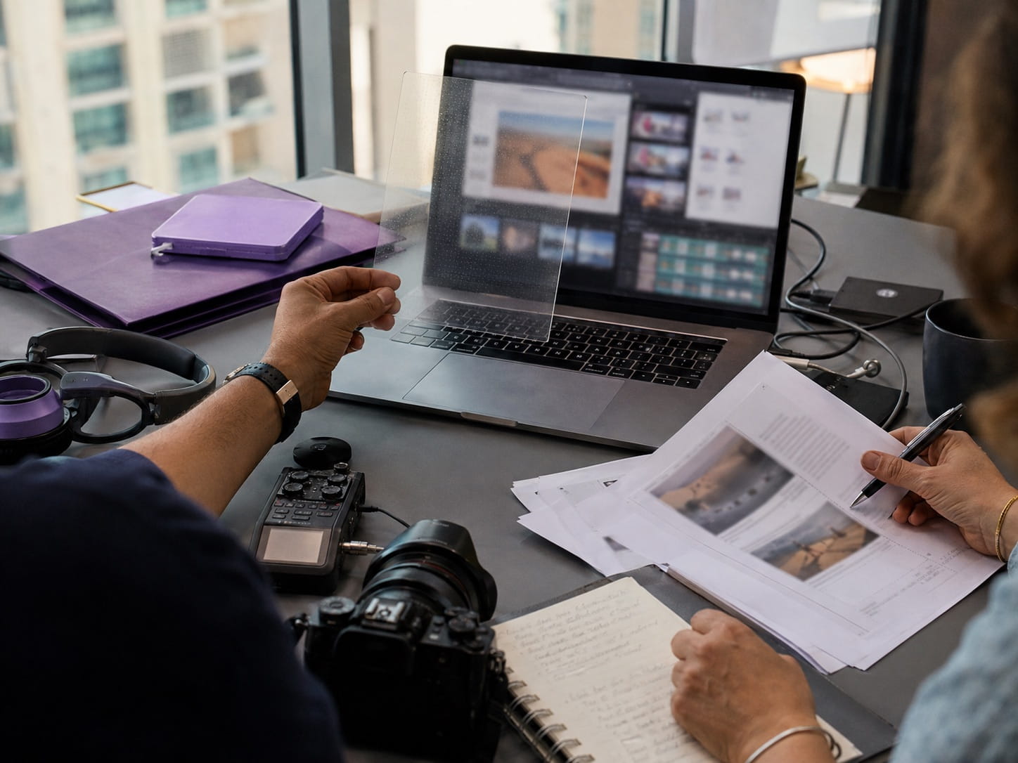 Content professionals reviewing multimedia content and checking a subtle AI watermark in a Dubai workspace.