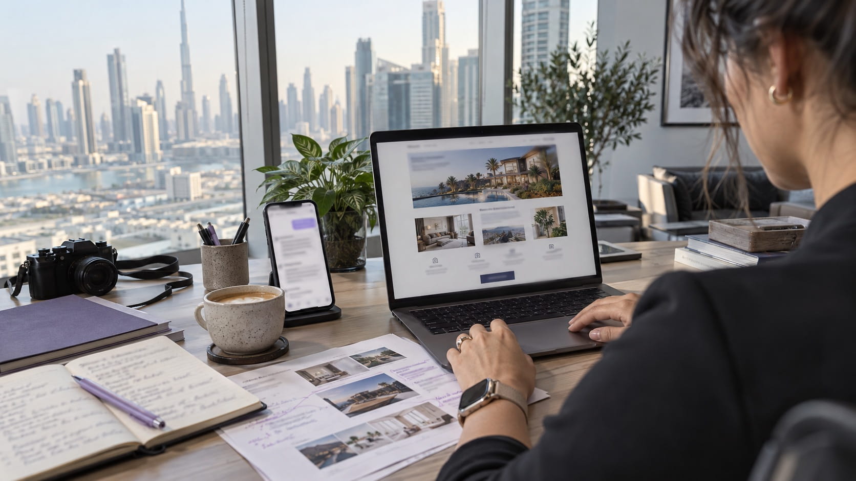 Content strategist reviewing a business website and an AI search response in a Dubai office.