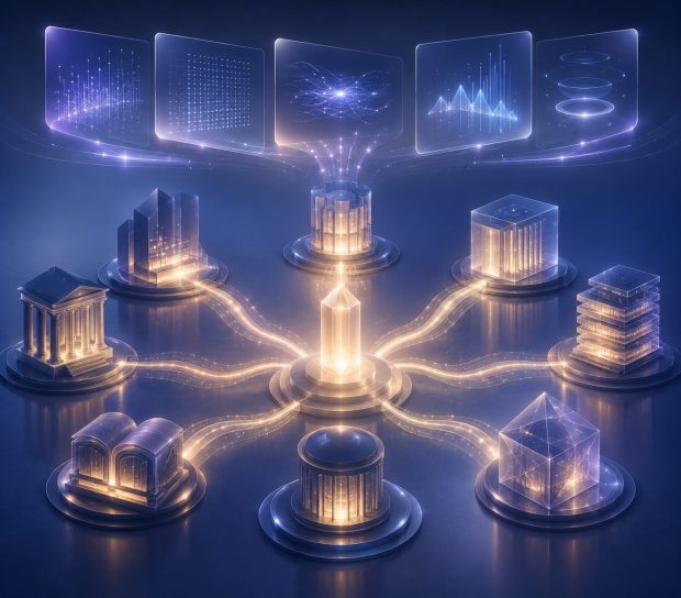 Editorial illustration showing how trusted publications, industry resources, professional organizations, and authoritative references strengthen a business's digital reputation, helping AI systems recognize and trust the brand.