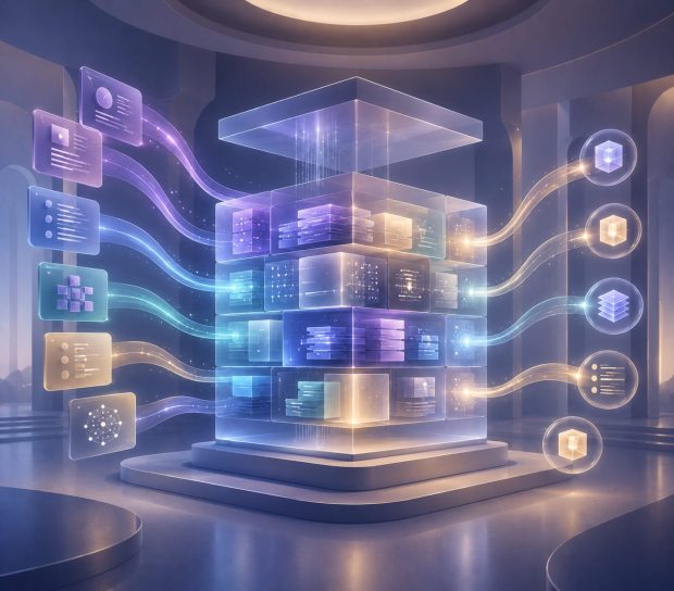 Editorial illustration showing a structured knowledge repository where interconnected content modules enable AI systems to retrieve, understand, trust, and confidently reference information when answering user questions.