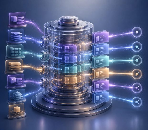 Editorial illustration representing AI Content Engineering, where educational content, FAQs, comparison pages, buying guides, and answer-focused content are engineered into a structured knowledge system that AI platforms can easily retrieve, interpret, and reference.