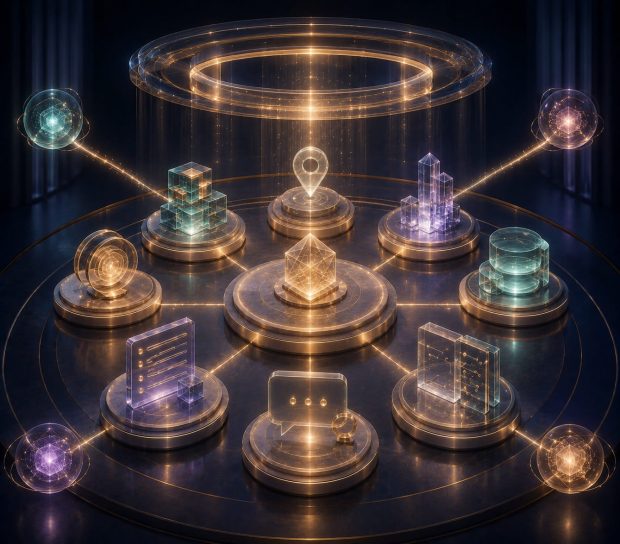 Editorial illustration representing Local & Commerce AI Search Optimization, where business information, product catalogs, service details, structured data, customer questions, and location signals are organized into a complete digital presence that AI systems can confidently understand and recommend.