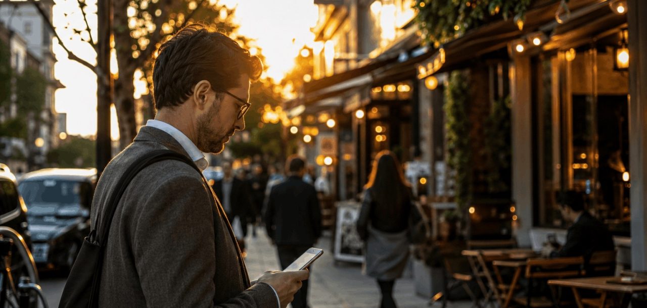 Person using a smartphone to discover local businesses on a modern city street, representing AI-powered local search and digital business discovery.