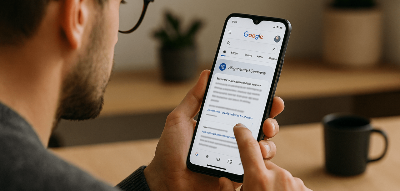 Person using a smartphone to browse Google search results with AI-generated overview displayed.