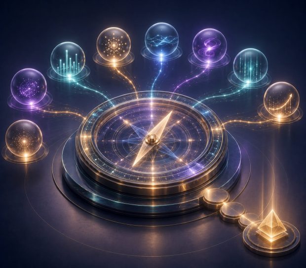Editorial illustration representing AI Search Monitoring and Revenue Attribution, where AI visibility signals, brand mentions, citations, competitive visibility, customer discovery, and business outcomes combine into strategic intelligence that supports confident business decisions.