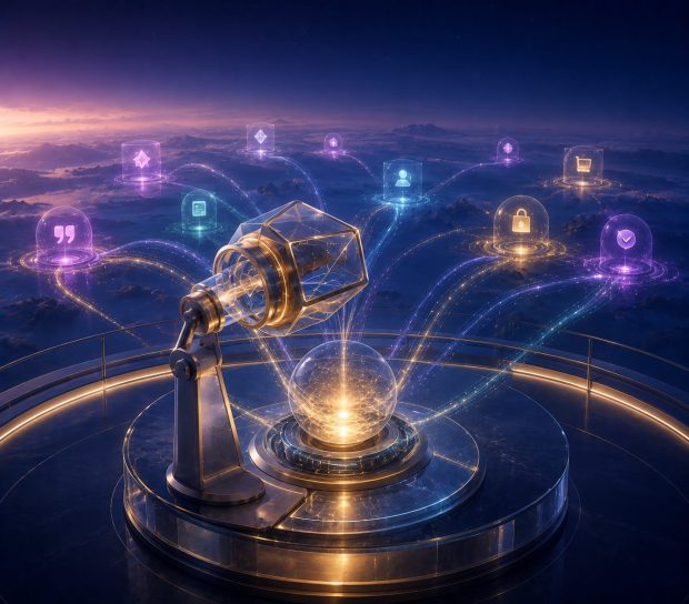 Editorial illustration showing AI search monitoring where brand mentions, trusted citations, AI recommendations, customer discovery, and business interactions are observed and transformed into actionable business insights and revenue attribution.