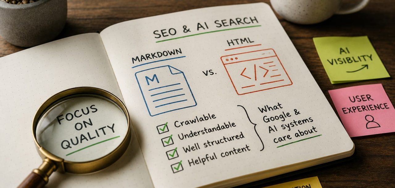 Visual comparison of Markdown and HTML highlighting content structure, crawlability, information architecture, and the factors Google and AI systems use to understand websites.