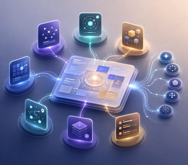 Editorial illustration representing an AI Search Strategy that brings together AI search opportunity analysis, customer prompt research, query mapping, customer journey planning, content strategy, platform prioritization, and implementation priorities into one unified strategic framework.