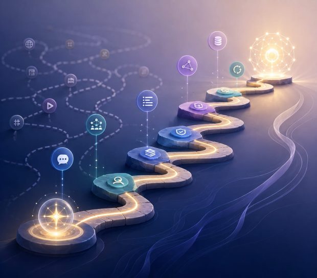 Editorial illustration showing a strategic AI search roadmap where business goals, customer intent, content priorities, trusted sources, and AI search opportunities align through a clear long-term strategy to build sustainable AI visibility.