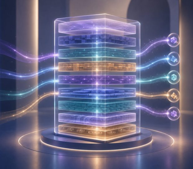 Editorial illustration representing the technical architecture of a website with aligned technical layers supporting crawlability, indexing, structured information, internal architecture, rendering, and performance to help AI platforms accurately retrieve and understand website content.