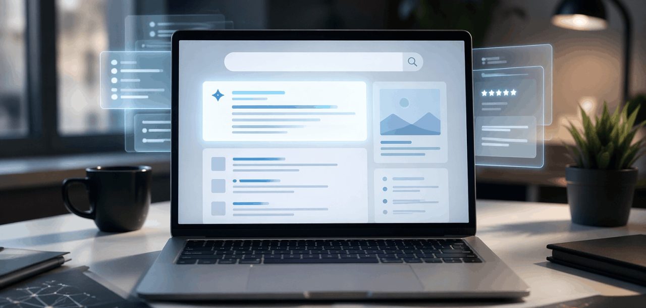 A modern laptop displaying structured AI-generated search results contrasted with messy backlink data representing traditional SEO