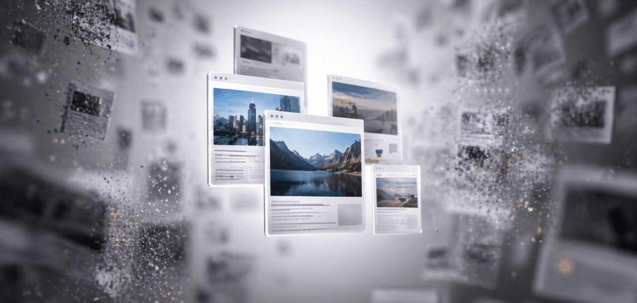 Focused website panels highlighted as trusted sources while blurred background panels fade, representing AI filtering low-quality links