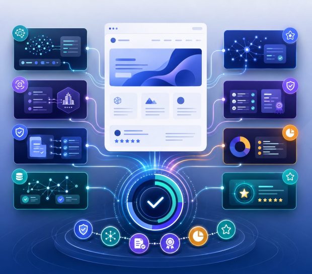 Editorial illustration showing an AI Visibility Audit where multiple AI systems evaluate a business website using entity recognition, citation verification, semantic understanding, trusted sources, and knowledge graph signals to determine AI recommendation confidence.