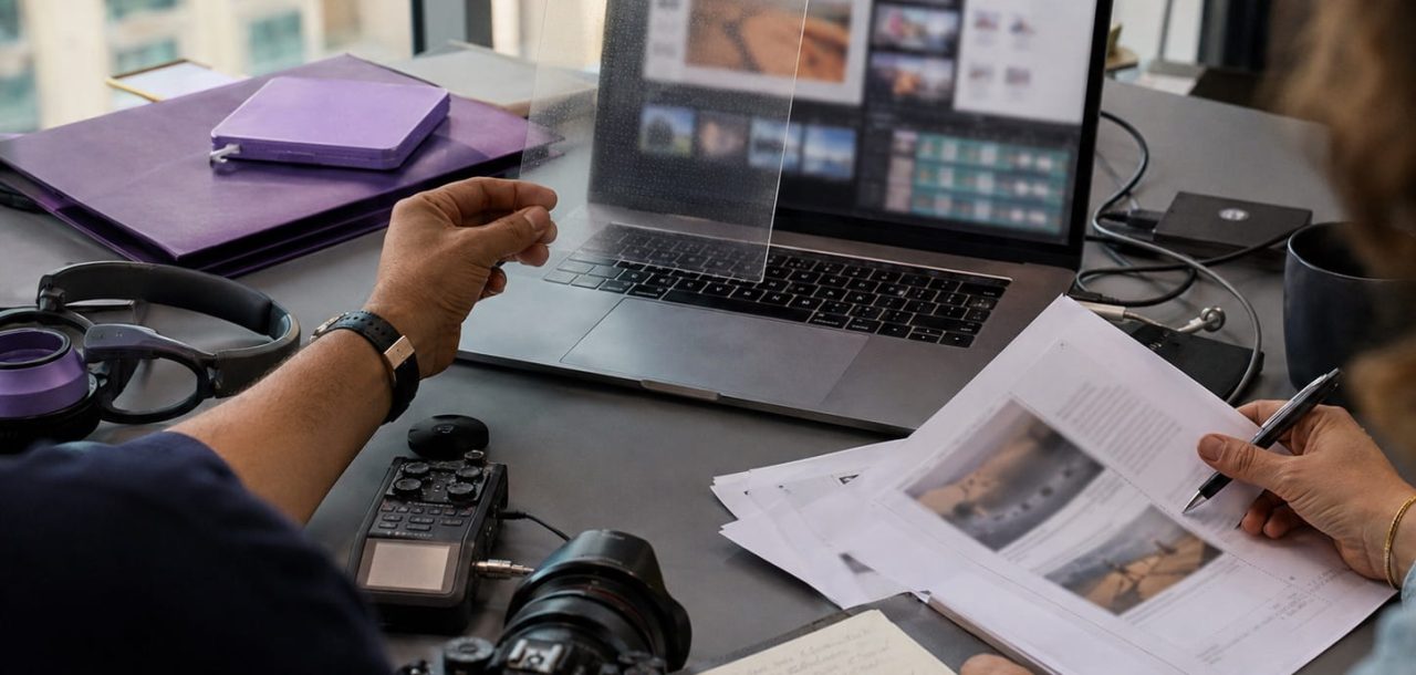 Content professionals reviewing multimedia content and checking a subtle AI watermark in a Dubai workspace.