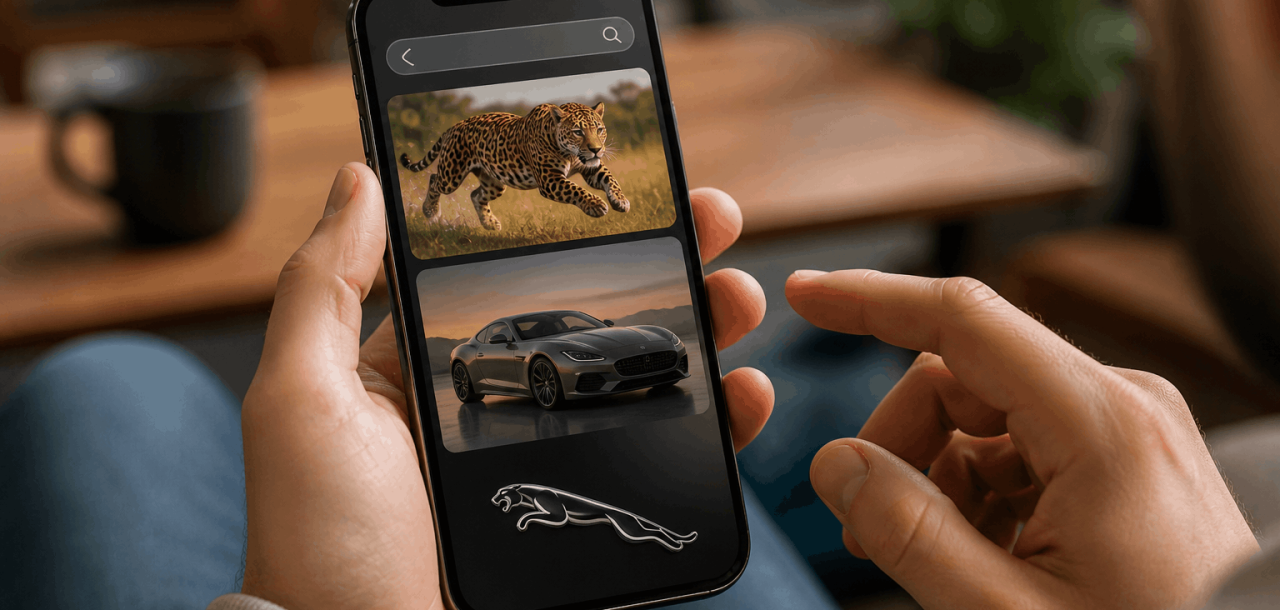 Close-up of a person holding a smartphone showing mixed search results including a jaguar animal, a car, and a brand logo, illustrating ambiguous search intent