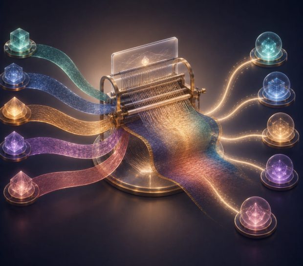 Editorial illustration showing how multilingual AI search optimization aligns different languages and cultural contexts into one consistent understanding, helping AI systems accurately recognize and recommend a business across global markets.
