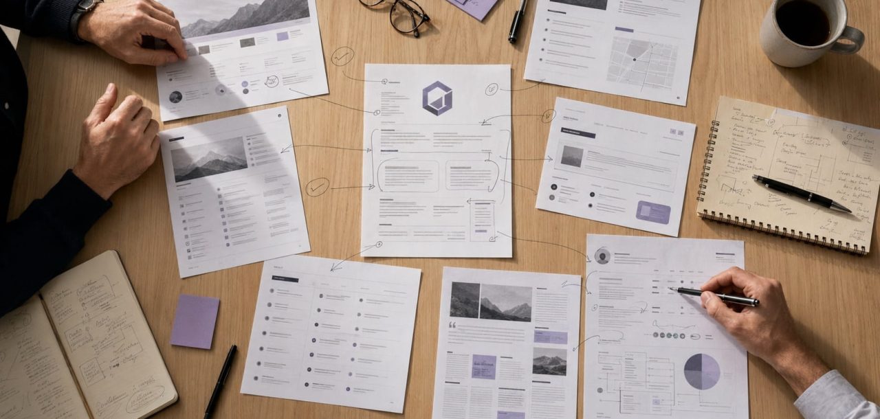 Overhead view of an SEO team mapping and verifying a brand’s digital identity across multiple online sources.