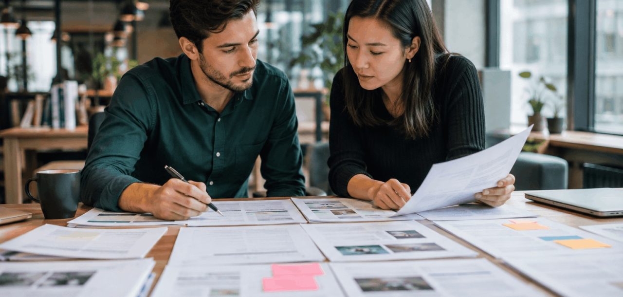 SEO content strategist and content manager reviewing website content assets, content audits, and editorial planning to evaluate updating existing content versus creating new content.