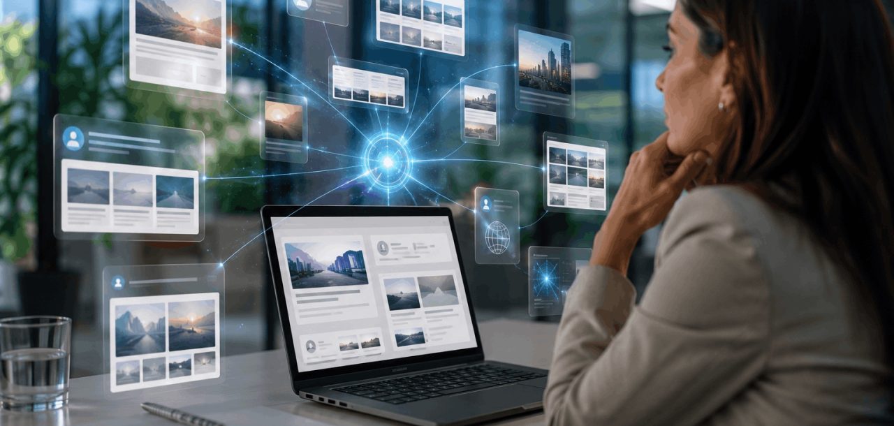 Marketing strategist reviewing a digital PR campaign with connected media coverage, AI citation, and search visibility elements in a modern office environment.