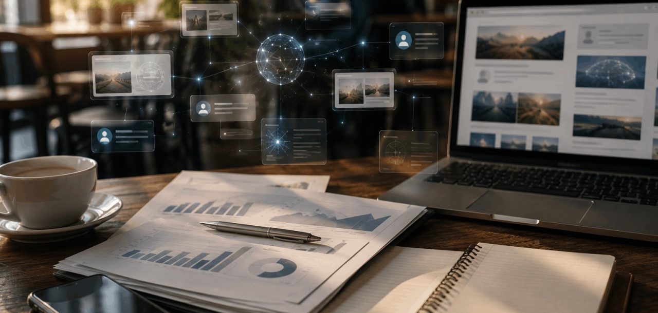 Journalist-style workspace with research reports, laptop, and visual AI citation connections representing digital PR, media mentions, and trusted online visibility.