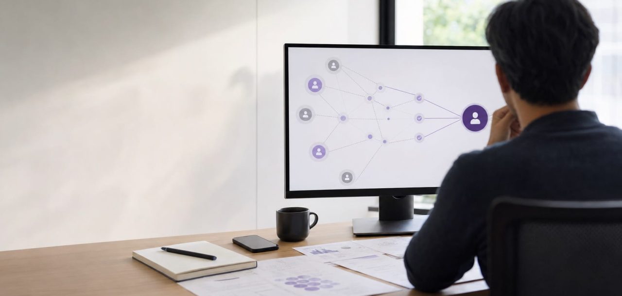 SEO professional reviewing a knowledge graph that connects multiple signals to one verified brand entity.