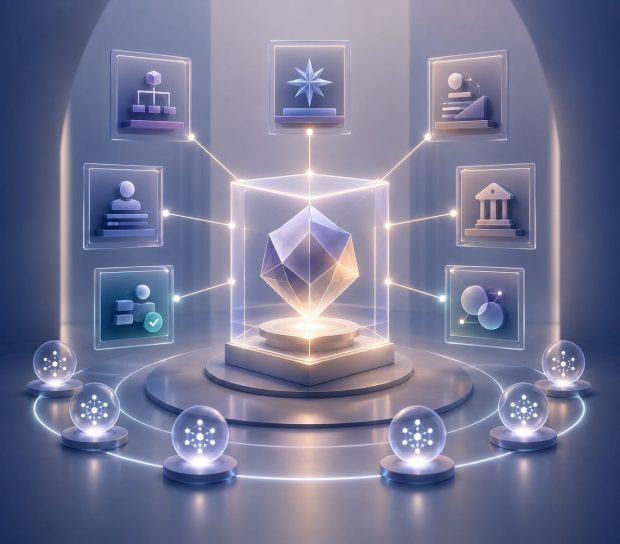Editorial illustration representing Entity & Source-of-Truth Optimization, where structured business information, expertise, authorship, trusted references, and organizational relationships align to create a consistent digital identity that AI platforms can accurately recognize and trust.