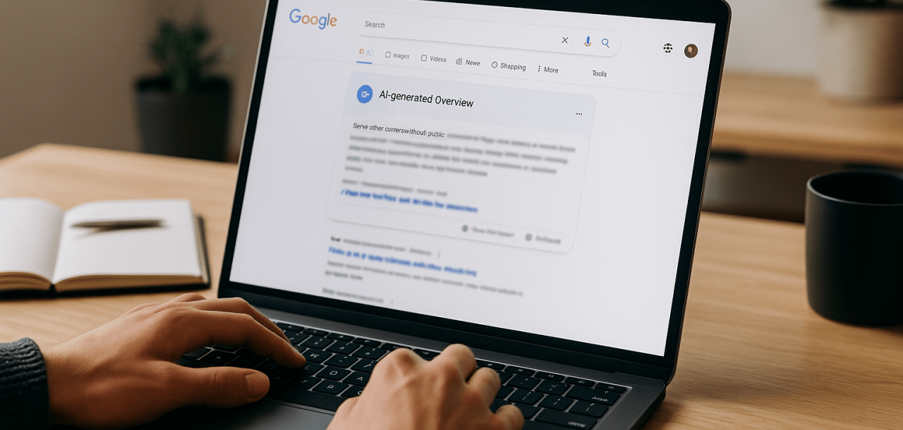 Laptop screen showing Google search results with an AI-generated overview in a workspace setting.