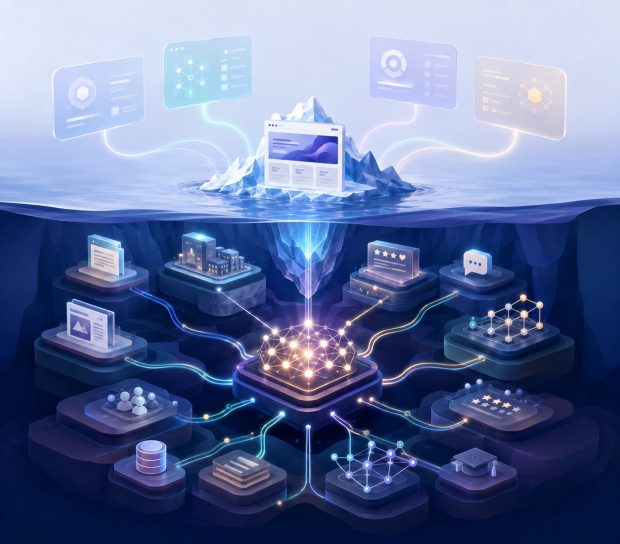 Isometric illustration showing how AI search engines build a brand understanding by combining information from a company website, trusted publications, reviews, directories, social discussions, structured data, and knowledge graph connections into a unified knowledge model.