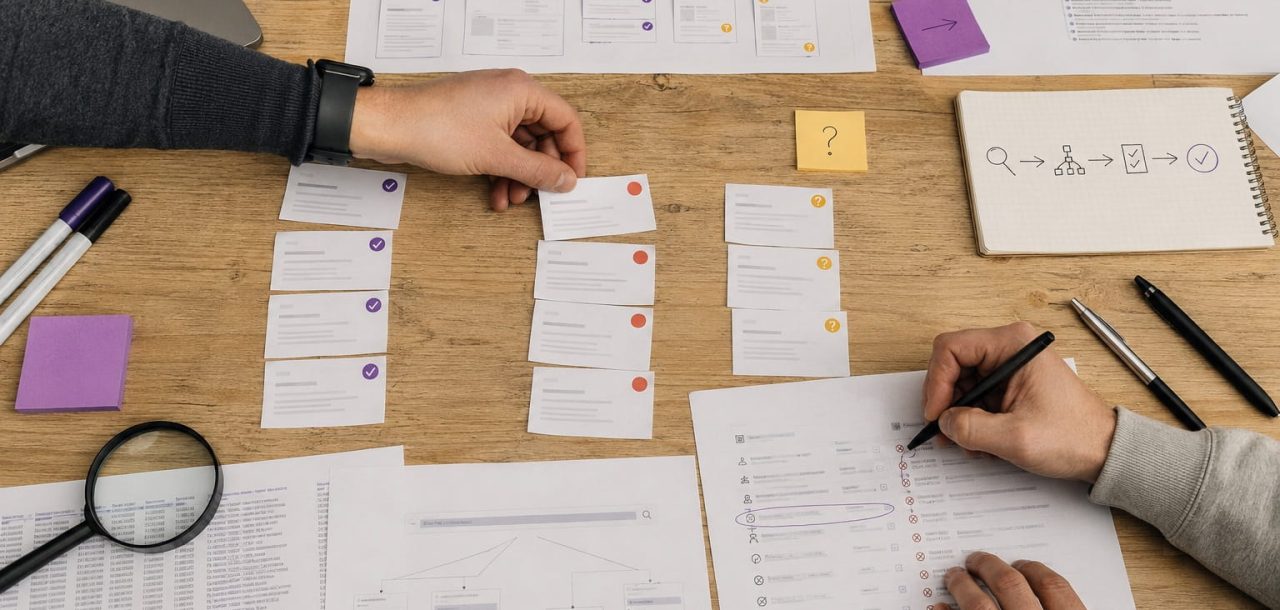 SEO team sorting internal search URLs into indexable, excluded and review groups during a technical audit.