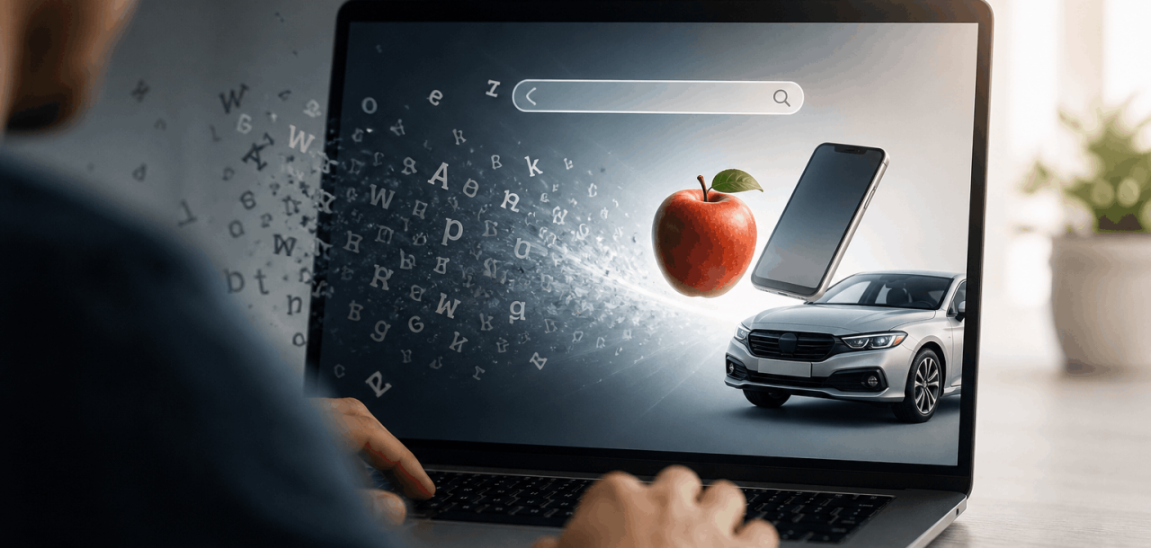 A person using a laptop with scattered floating letters on one side and real objects like a phone, car, and apple emerging from the screen, representing keyword vs search intent in SEO