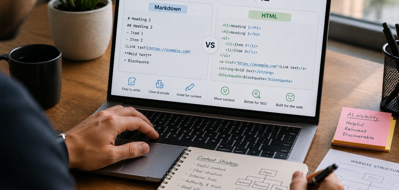 Professional workspace showing a Markdown vs HTML comparison alongside website structure planning, illustrating how content organization, crawlability, and information architecture support SEO and AI search visibility.