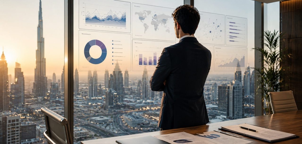 Executive reviewing AI search performance dashboards in a modern boardroom overlooking the Dubai skyline, illustrating AI visibility, citation analysis, and search performance measurement.