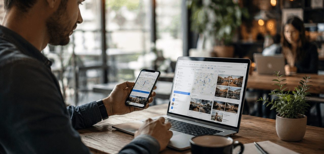 Person researching local businesses on a laptop and smartphone using maps, reviews, video platforms, and AI search interfaces in a modern café.