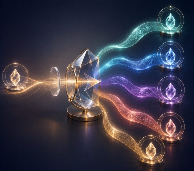Editorial illustration representing multilingual AI content localization, where one business message is adapted into culturally relevant language variations while preserving consistent meaning, enabling AI platforms to understand and recommend the brand across multiple languages and markets.