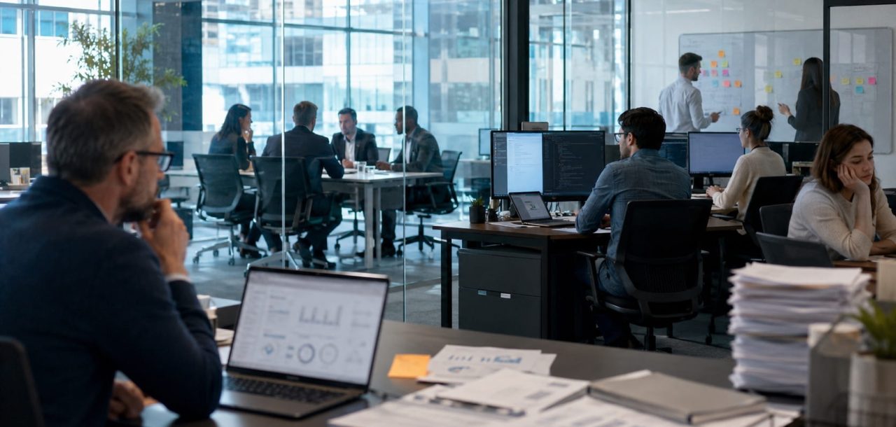 Senior SEO strategist reviewing organic search performance while executives, product teams, engineers, and content managers work separately in a modern corporate office, illustrating how organizational silos impact SEO results.