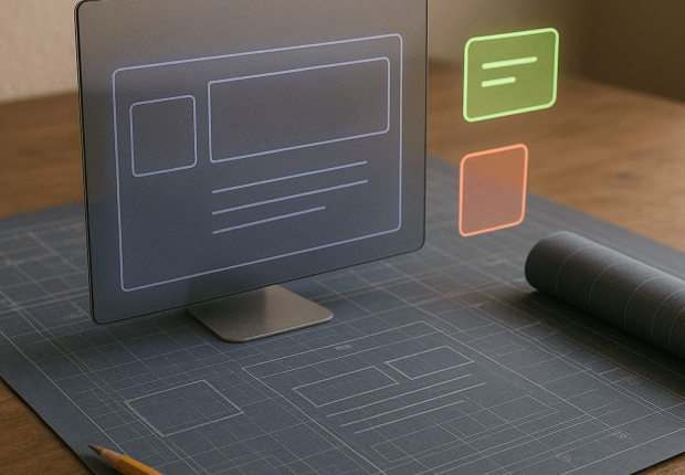 A realistic workspace setup showing a website wireframe on a screen with design blueprints and creative tools — representing the SEO rebuild process.