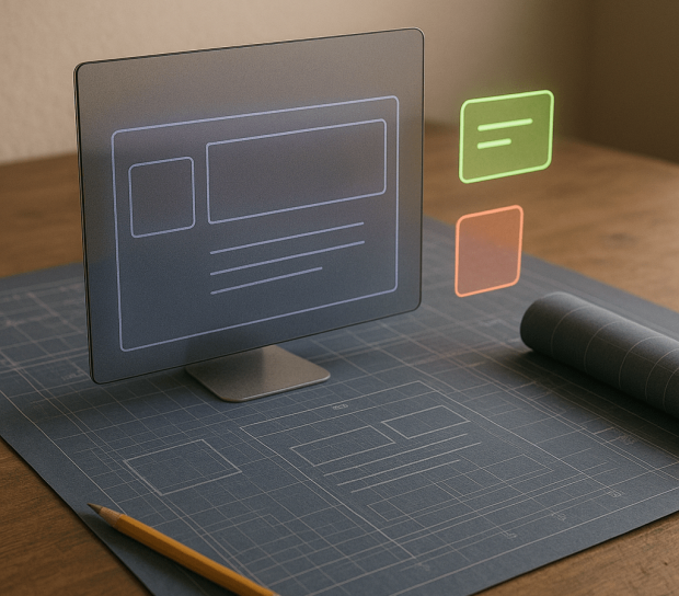 A realistic workspace setup showing a website wireframe on a screen with design blueprints and creative tools — representing the SEO rebuild process.