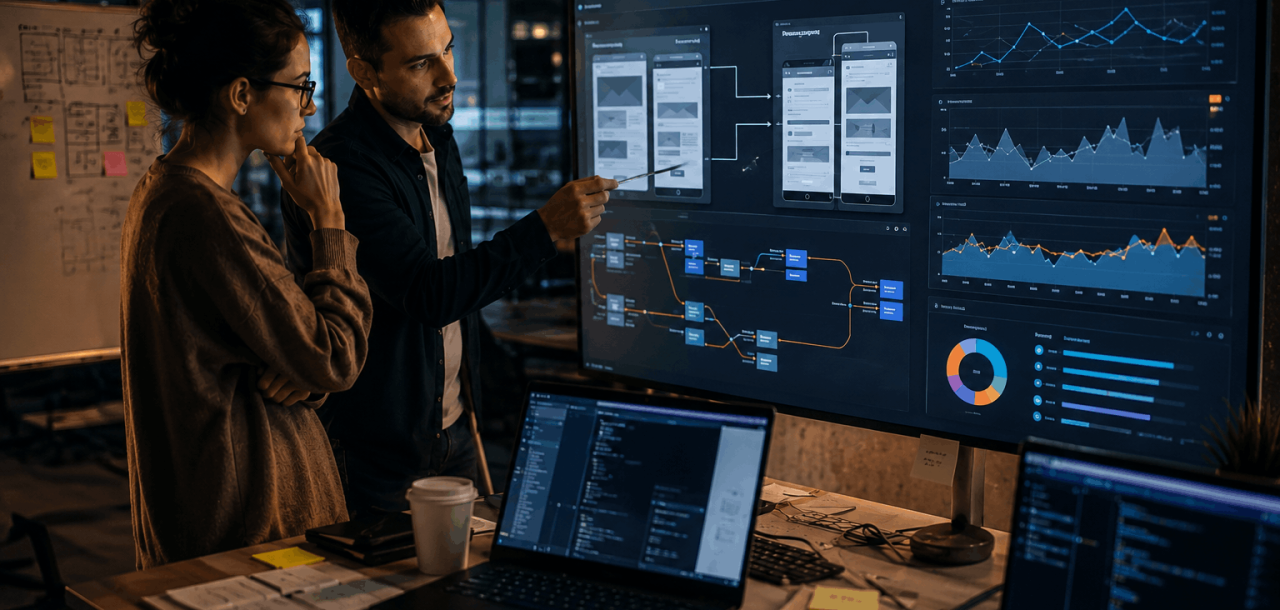 SEO specialist and developer planning a website migration using technical dashboards, URL mapping, and analytics in a modern office environment.