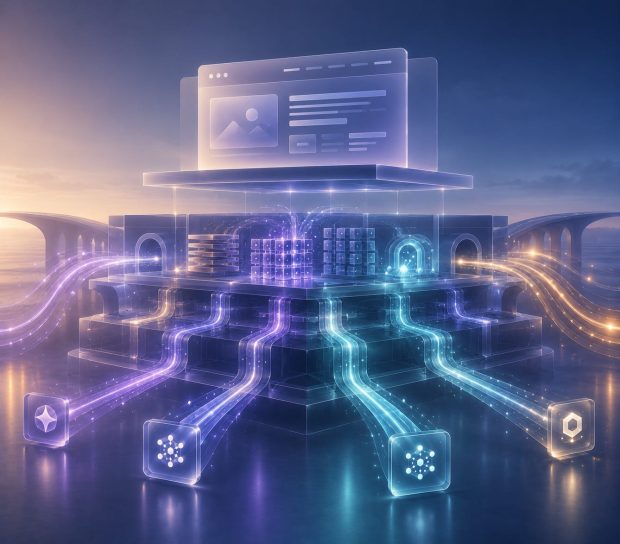Editorial illustration showing the technical foundation for AI search, where a hidden digital infrastructure enables AI systems to efficiently discover, access, interpret, and retrieve website content through a well-structured technical architecture.