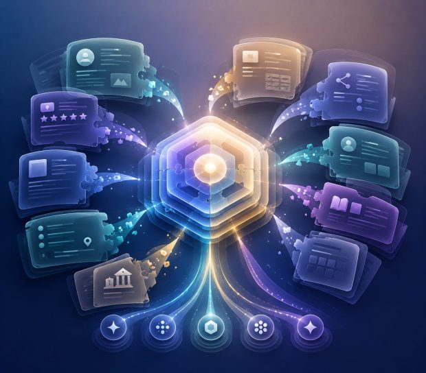Editorial illustration showing trusted business information from multiple sources aligning into a unified digital identity, helping AI search platforms consistently understand, recognize, and reference a business with confidence.