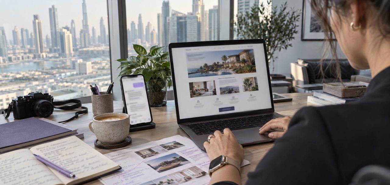 Content strategist reviewing a business website and an AI search response in a Dubai office.